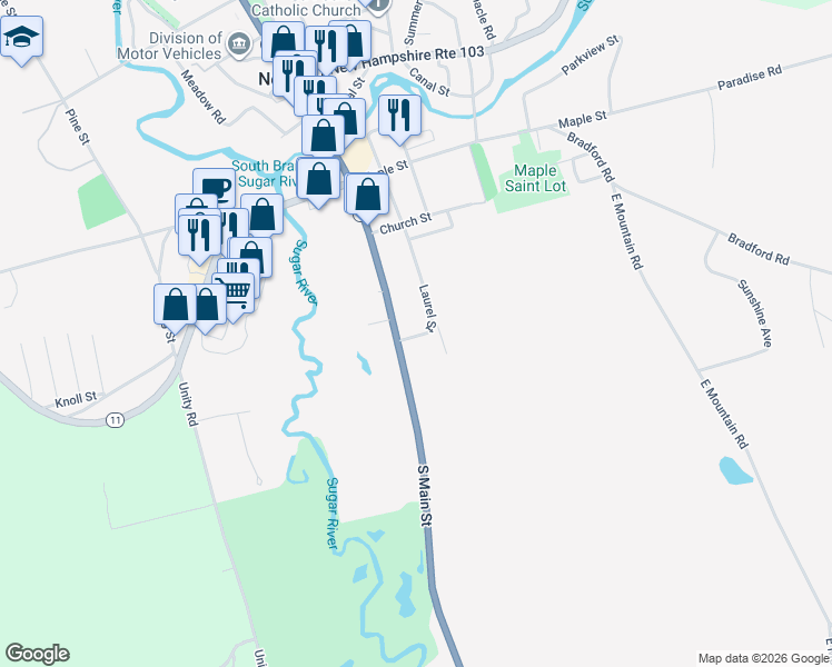 map of restaurants, bars, coffee shops, grocery stores, and more near 147 South Main Street in Newport