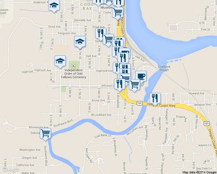 map of restaurants, bars, coffee shops, grocery stores, and more near 1007 South 2nd Street in Coos Bay