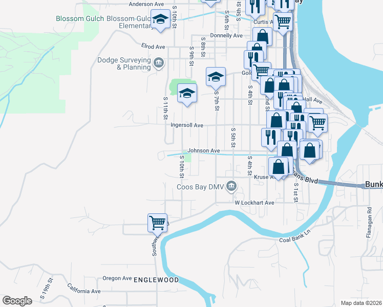 map of restaurants, bars, coffee shops, grocery stores, and more near 845 Johnson Avenue in Coos Bay