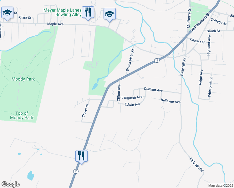 map of restaurants, bars, coffee shops, grocery stores, and more near 1 Oakwood Drive in Claremont