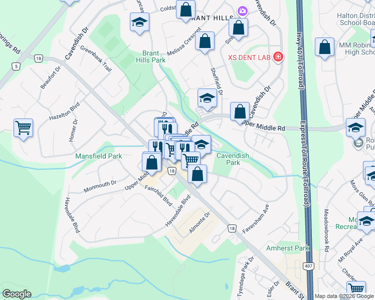 map of restaurants, bars, coffee shops, grocery stores, and more near 2050 Upper Middle Road in Burlington
