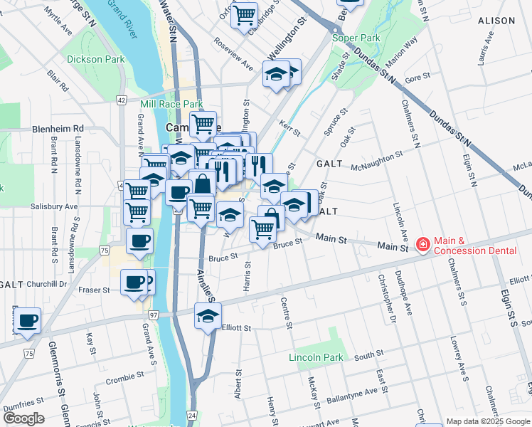 map of restaurants, bars, coffee shops, grocery stores, and more near 25 Harris Street in Cambridge