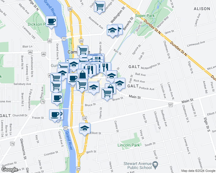 map of restaurants, bars, coffee shops, grocery stores, and more near 175 Main Street in Cambridge