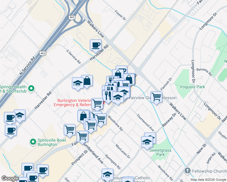 map of restaurants, bars, coffee shops, grocery stores, and more near 3455 Fairview Street in Burlington