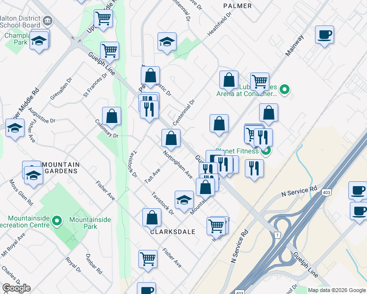 map of restaurants, bars, coffee shops, grocery stores, and more near 1248 Guelph Line in Burlington