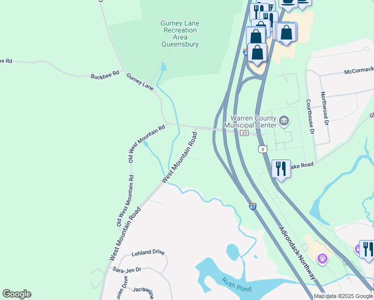 map of restaurants, bars, coffee shops, grocery stores, and more near 1260-12 West Mountain Road in Queensbury