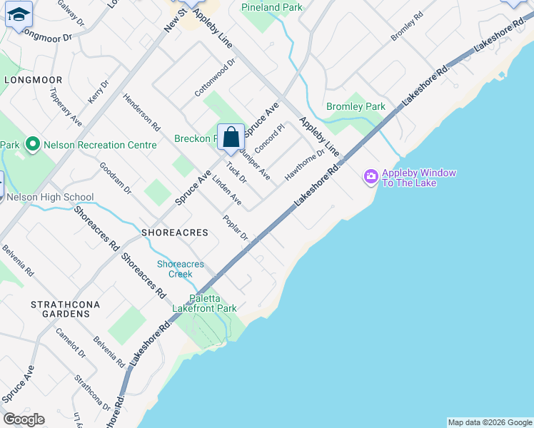 map of restaurants, bars, coffee shops, grocery stores, and more near 4406 Lakeshore Road in Burlington