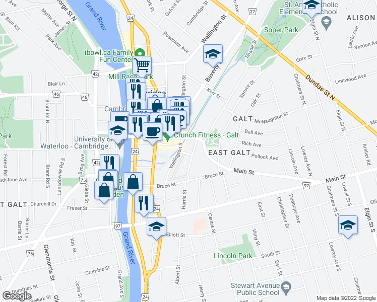 map of restaurants, bars, coffee shops, grocery stores, and more near 47 Wellington South in Cambridge