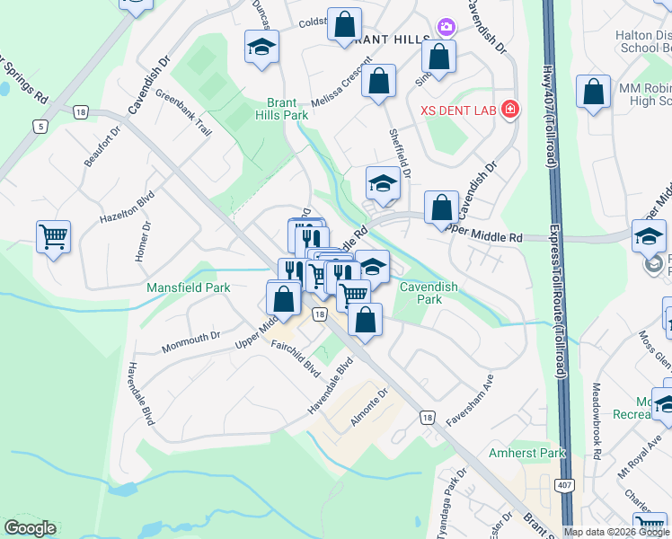 map of restaurants, bars, coffee shops, grocery stores, and more near 2050 Upper Middle Road in Burlington
