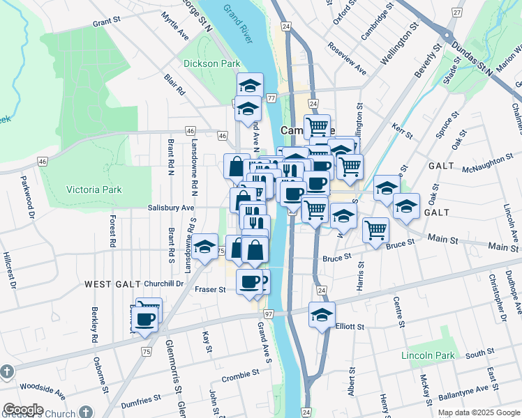 map of restaurants, bars, coffee shops, grocery stores, and more near 7 Grand Avenue South in Cambridge