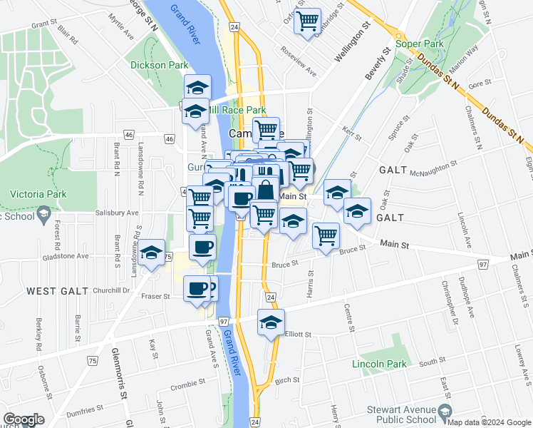 map of restaurants, bars, coffee shops, grocery stores, and more near 18 Ainslie Street South in Cambridge