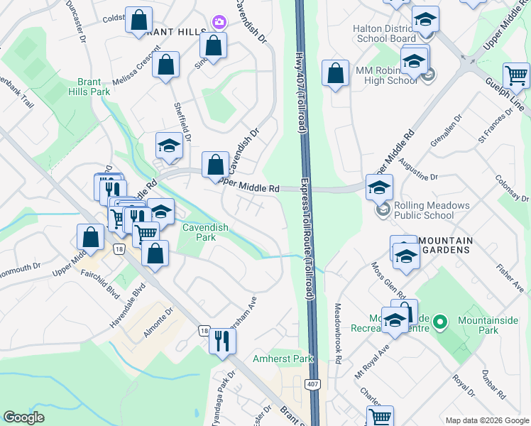 map of restaurants, bars, coffee shops, grocery stores, and more near 2034 Cavendish Drive in Burlington