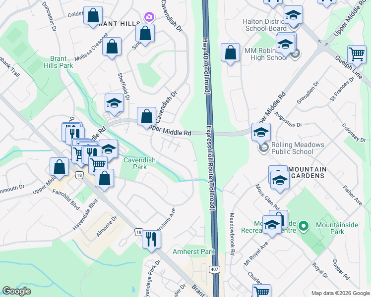 map of restaurants, bars, coffee shops, grocery stores, and more near 2034 Cavendish Drive in Burlington