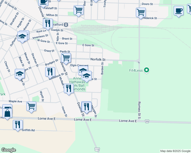 map of restaurants, bars, coffee shops, grocery stores, and more near 41 Essex Street in Stratford