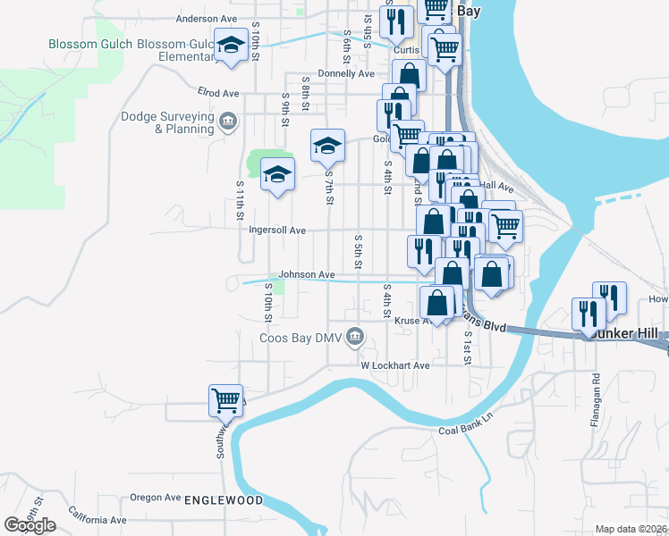 map of restaurants, bars, coffee shops, grocery stores, and more near 1021 South 5th Street in Coos Bay