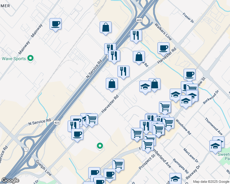 map of restaurants, bars, coffee shops, grocery stores, and more near 3305 Harvester Road in Burlington