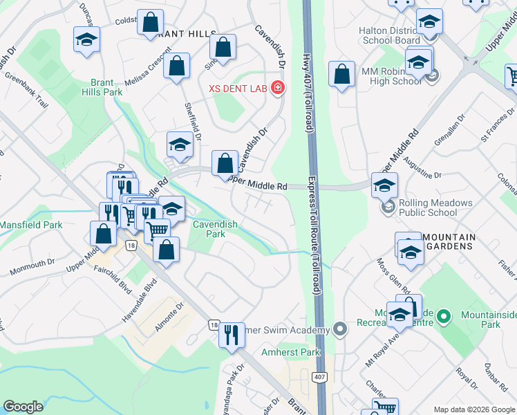 map of restaurants, bars, coffee shops, grocery stores, and more near 2230 Upper Middle Road in Burlington