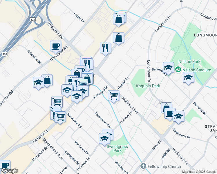 map of restaurants, bars, coffee shops, grocery stores, and more near 691 Walkers Line in Burlington