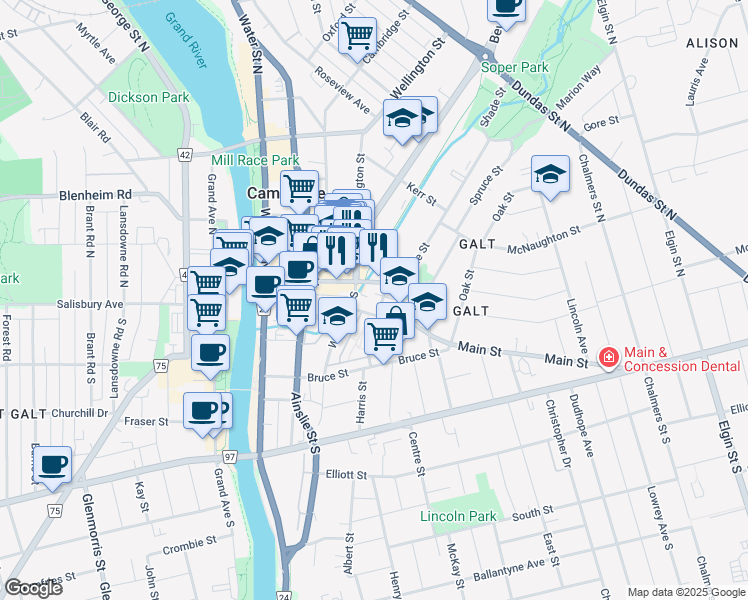 map of restaurants, bars, coffee shops, grocery stores, and more near 8 Harris Street in Cambridge