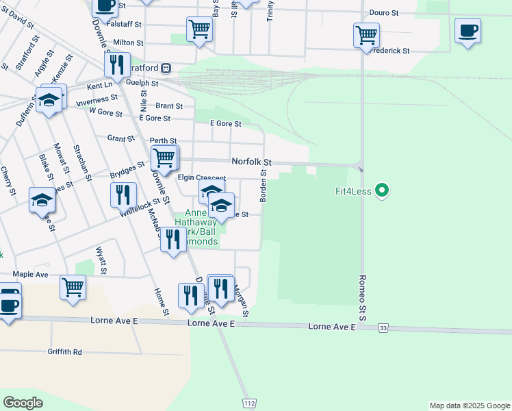 map of restaurants, bars, coffee shops, grocery stores, and more near 106 Borden Street in Stratford
