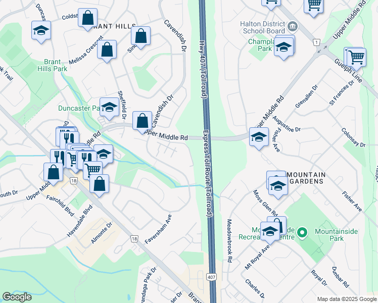 map of restaurants, bars, coffee shops, grocery stores, and more near 2258 Upper Middle Road in Burlington