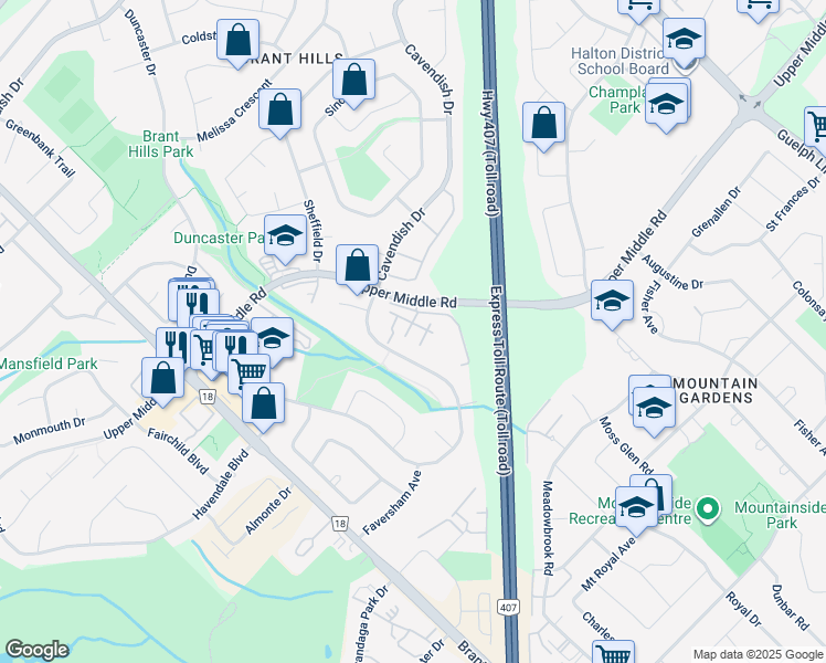map of restaurants, bars, coffee shops, grocery stores, and more near 2230 Upper Middle Road in Burlington