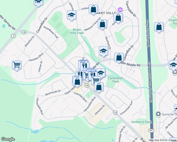 map of restaurants, bars, coffee shops, grocery stores, and more near 2160 Bader Crescent in Burlington