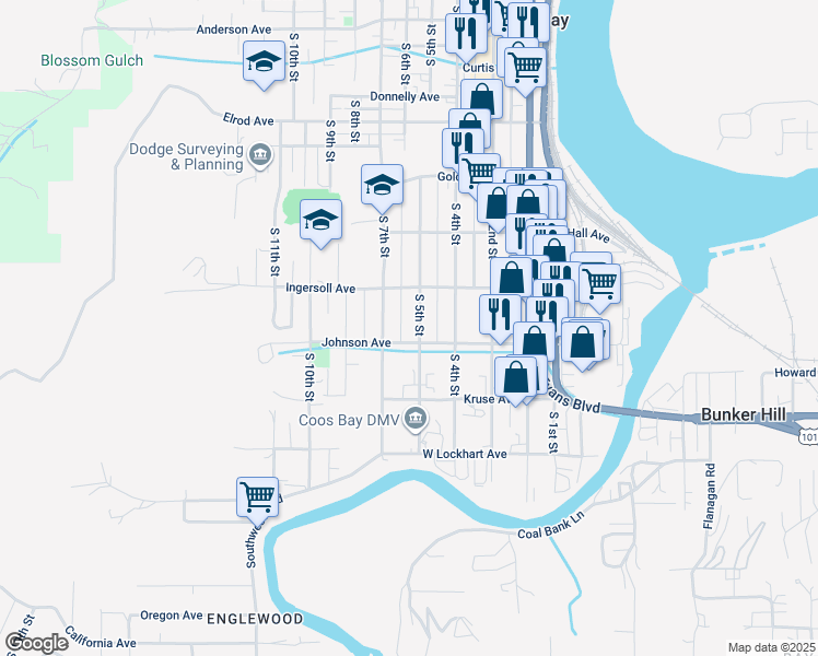 map of restaurants, bars, coffee shops, grocery stores, and more near 979 South 5th Street in Coos Bay
