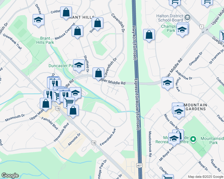 map of restaurants, bars, coffee shops, grocery stores, and more near 2216 Upper Middle Road in Burlington