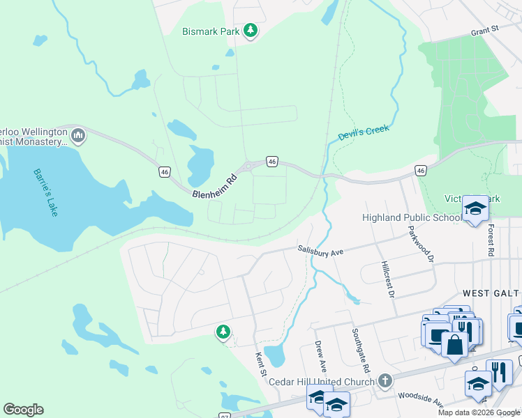 map of restaurants, bars, coffee shops, grocery stores, and more near 95 Queensbrook Crescent in Cambridge