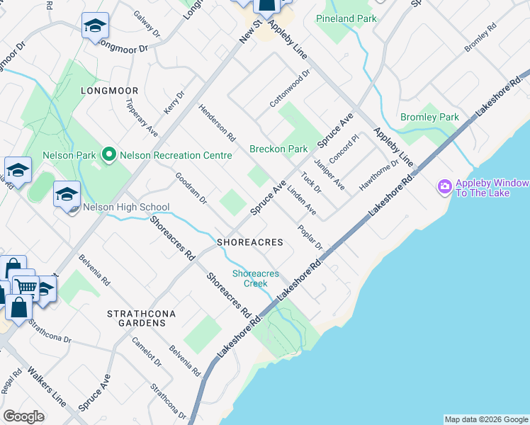 map of restaurants, bars, coffee shops, grocery stores, and more near 4350 Elm Crescent in Burlington