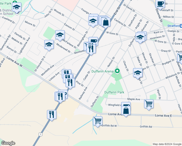 map of restaurants, bars, coffee shops, grocery stores, and more near 25 Cedar Street in Stratford