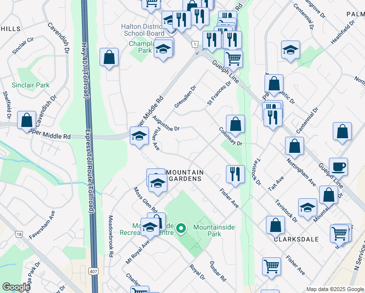 map of restaurants, bars, coffee shops, grocery stores, and more near 2322 Ruth Dene Crescent in Burlington