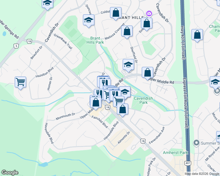 map of restaurants, bars, coffee shops, grocery stores, and more near 2160 Bader Crescent in Burlington