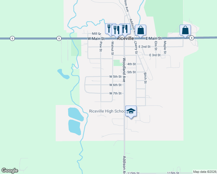 map of restaurants, bars, coffee shops, grocery stores, and more near 201 West 6th Street in Riceville