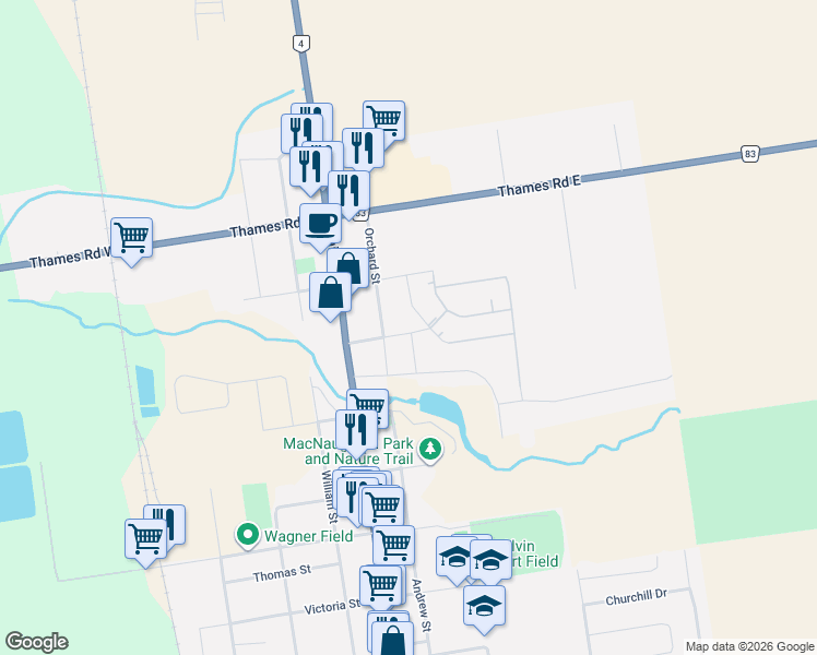 map of restaurants, bars, coffee shops, grocery stores, and more near 106 Devon Drive in Exeter
