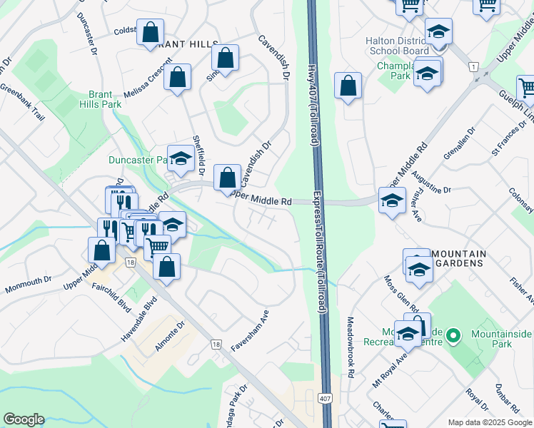 map of restaurants, bars, coffee shops, grocery stores, and more near 2228 Upper Middle Road in Burlington