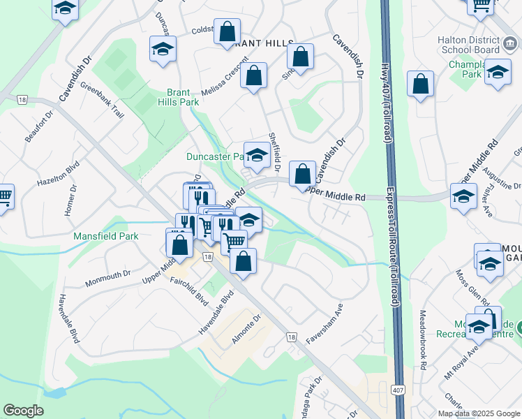 map of restaurants, bars, coffee shops, grocery stores, and more near 2050 Upper Middle Road in Burlington