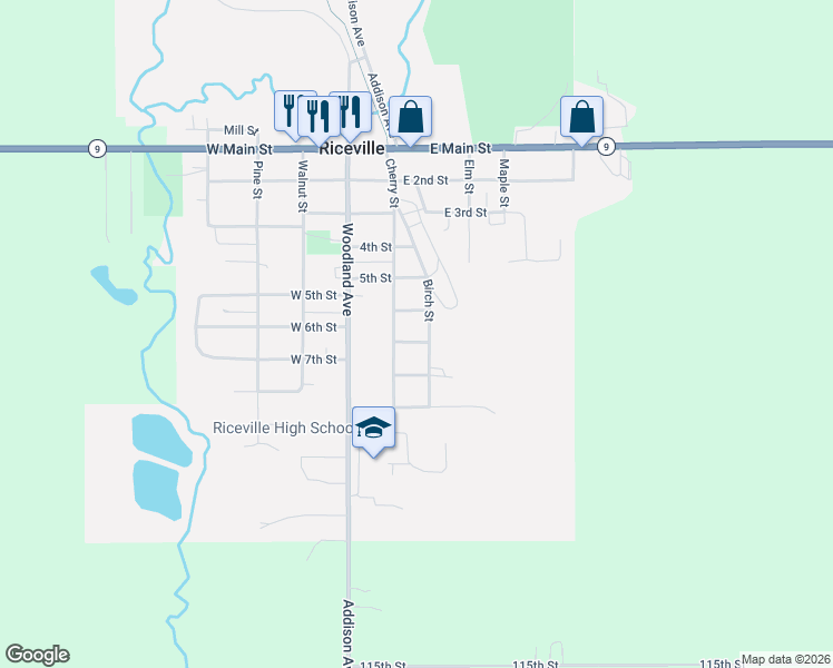 map of restaurants, bars, coffee shops, grocery stores, and more near 201-299 6th Street in Riceville