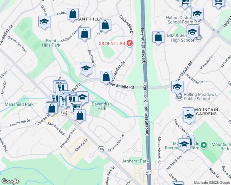 map of restaurants, bars, coffee shops, grocery stores, and more near 2218 Upper Middle Road in Burlington