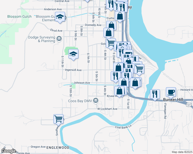 map of restaurants, bars, coffee shops, grocery stores, and more near 955 South 5th Street in Coos Bay