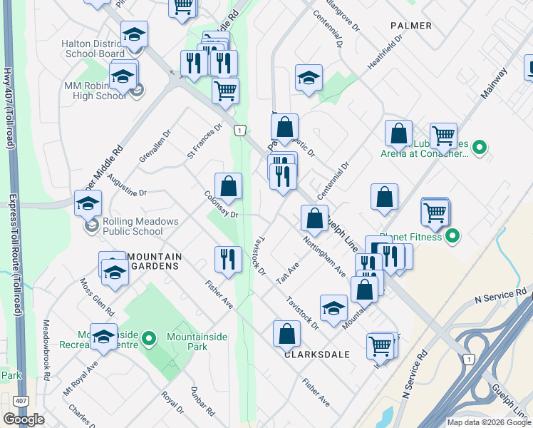 map of restaurants, bars, coffee shops, grocery stores, and more near 1345 Colonsay Drive in Burlington