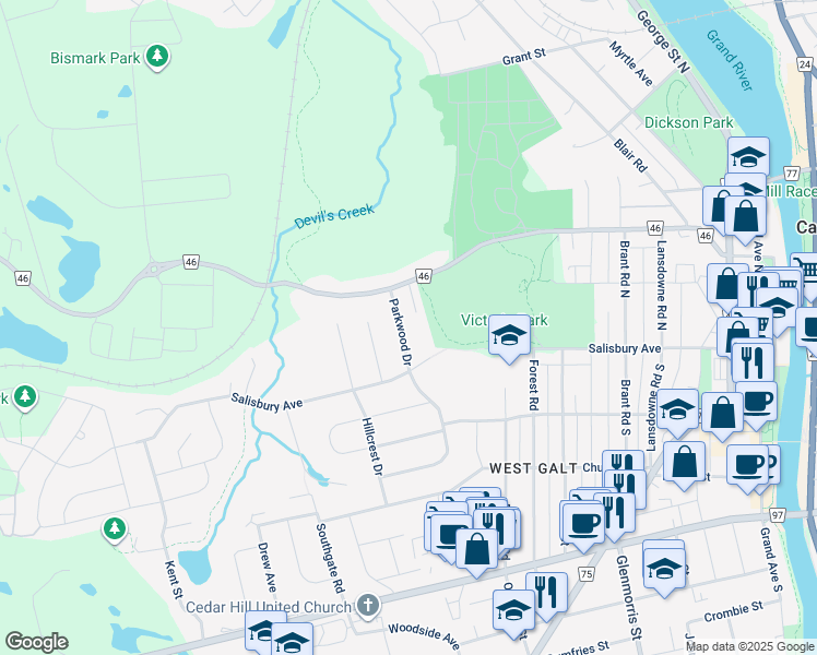 map of restaurants, bars, coffee shops, grocery stores, and more near 3 Parkwood Drive in Cambridge