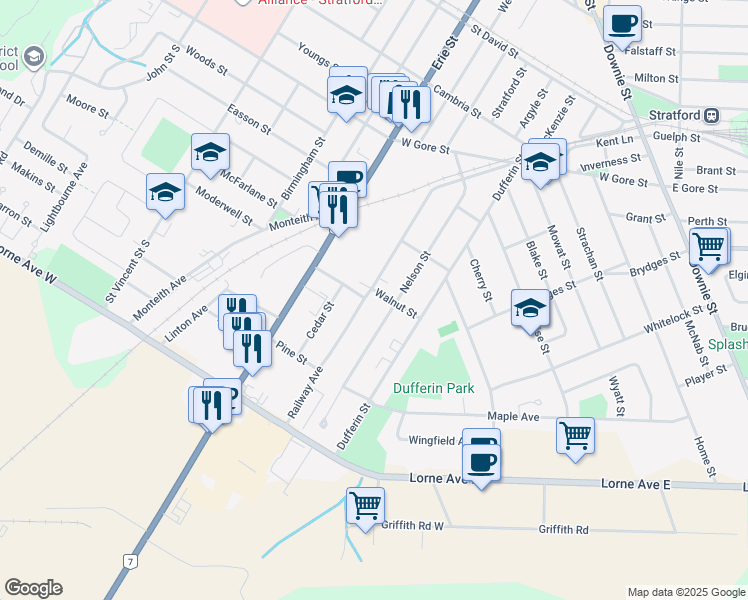 map of restaurants, bars, coffee shops, grocery stores, and more near 229 Railway Avenue in Stratford