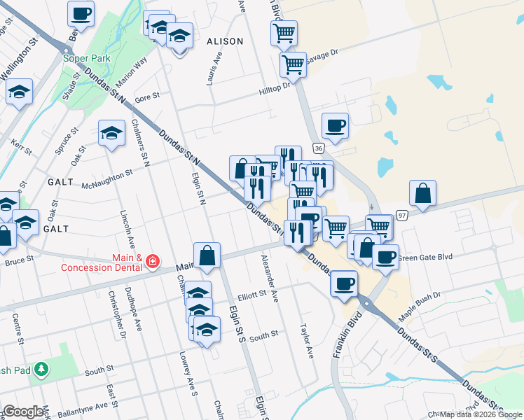 map of restaurants, bars, coffee shops, grocery stores, and more near 95 Dundas Street North in Cambridge