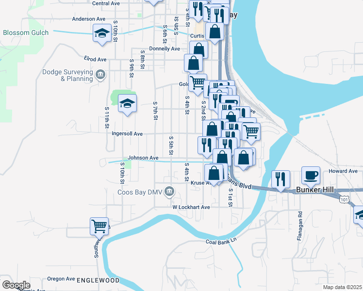 map of restaurants, bars, coffee shops, grocery stores, and more near 933 South 4th Street in Coos Bay