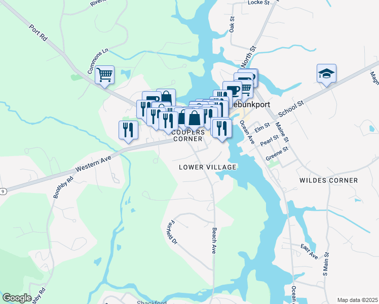 map of restaurants, bars, coffee shops, grocery stores, and more near 1 Beach Avenue in Kennebunk