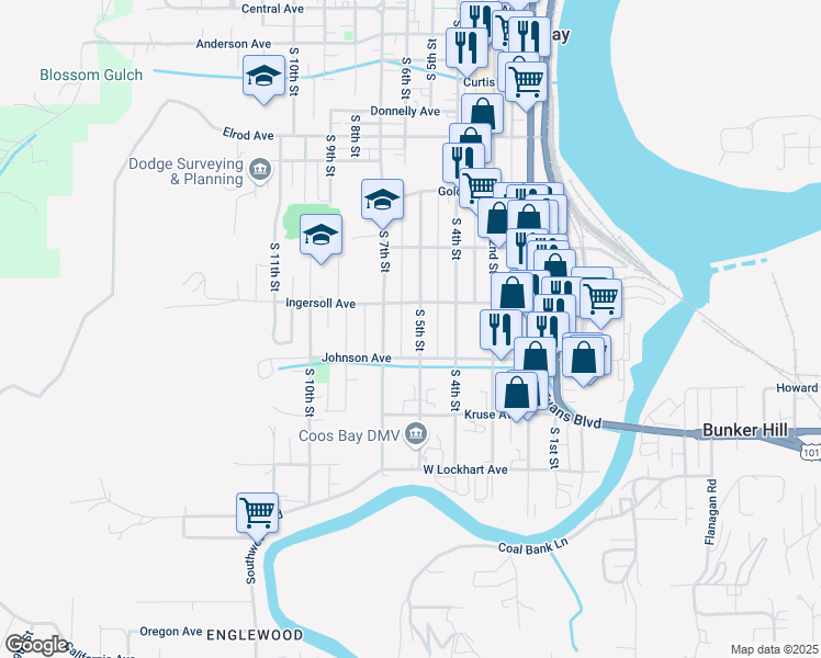 map of restaurants, bars, coffee shops, grocery stores, and more near 955 South 5th Street in Coos Bay