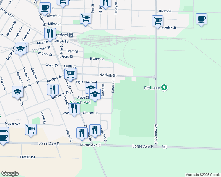 map of restaurants, bars, coffee shops, grocery stores, and more near 106 Borden Street in Stratford