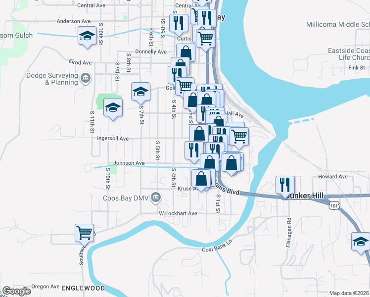 map of restaurants, bars, coffee shops, grocery stores, and more near 945 South 2nd Street in Coos Bay